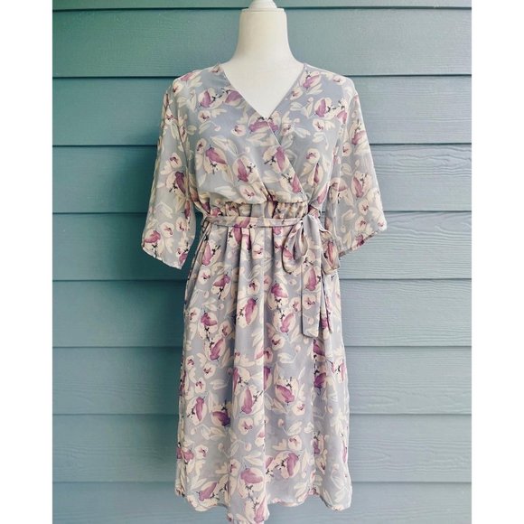 Sienna Sky Light Blue Floral Tie Waist Wrap Dress S - Picture 1 of 7